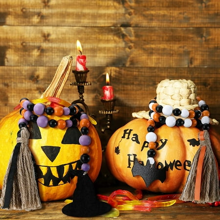 Style 2 Halloween Wood Bead Tassel Garland Fall Farmhouse Rustic Bead Decor with Witch Hat,Bat Tags and Linen Tassels for Halloween Shelf Display 